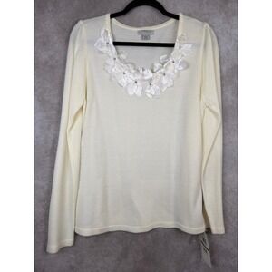 NWT Mercer Street Studio Women's Cream ‎ Sweater Floral Embellishment Size L
